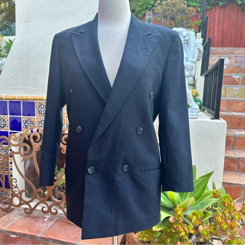 VTG Christian Dior Boyfriend Strip Double Breasted Wool Poly Jacket Coat Size S